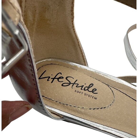 Life Stride 10W Silver Metallic Strappy Cushioned Footbed, Open-Toe Back Zipper - Picture 8 of 10